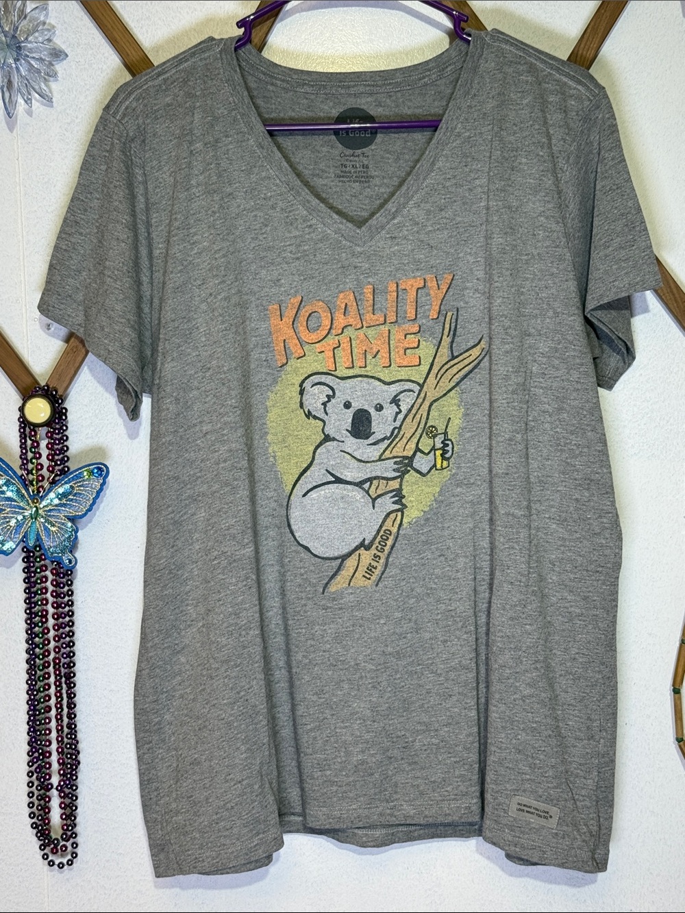 Life Is Good Gray V‑Neck Tee with Koala 'Koality Time' Graphic
